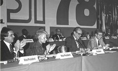 (Left-Right) SI Vice-President Ed Broadbent, SI Vice-President Irène Pétry, SI President Willy Brandt, SI Secretary General Bernt Carlsson