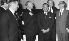 (L-R) George Brown, minister of economic affairs; Prime Minister Harold Wilson; Japanese socialist Eki Soner; Anthony Greenwood, secretary of state. Mr Soner and Mr Greenwood attended a private meeting in London of the SI Bureau, 10 November 1964